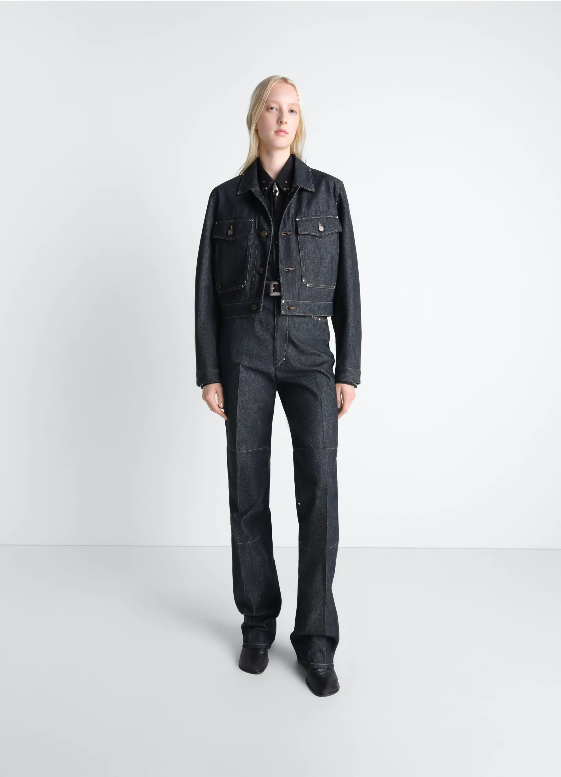 CROPPED BLOUSON WITH STUDS IN DENIM