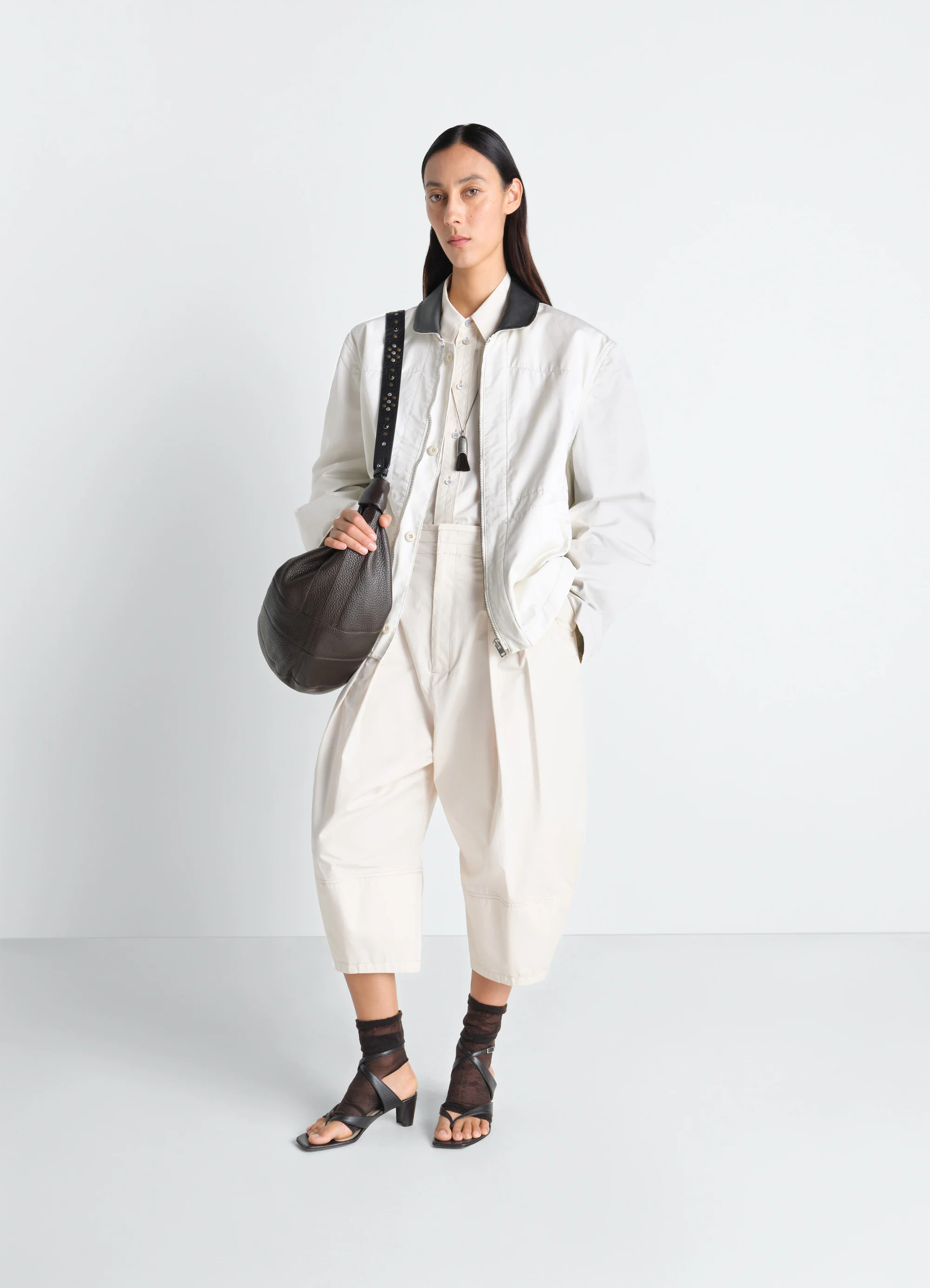 LEATHER COLLAR BLOUSON IN COTTON TWILL