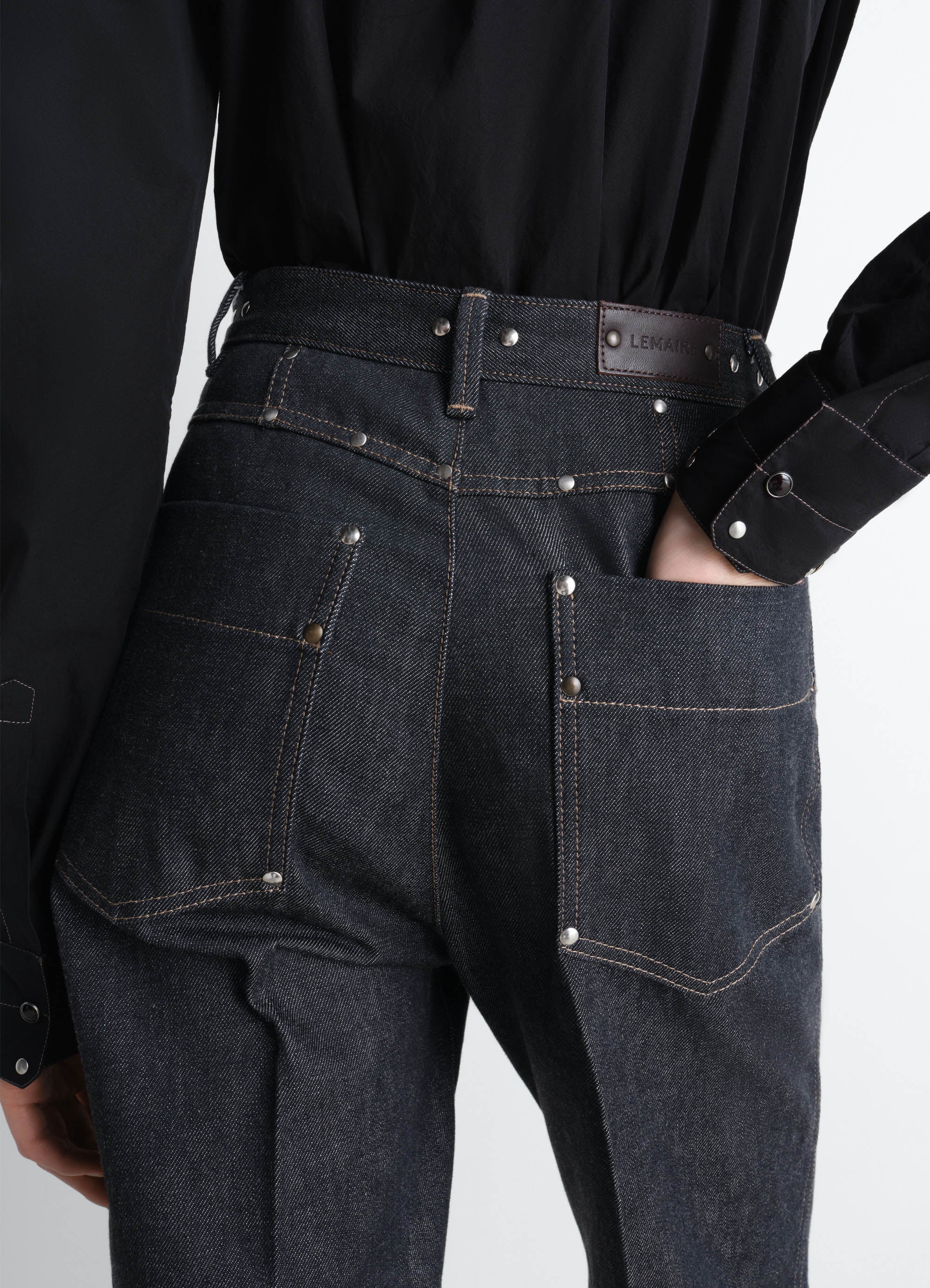HIGH WAISTED STRAIGHT PANTS WITH STUDS IN DENIM